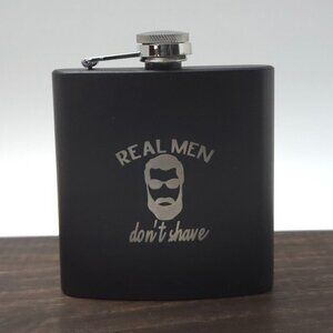 NWOT Flask, stainless steel, black, 6 oz., laser engraved with Real Men saying